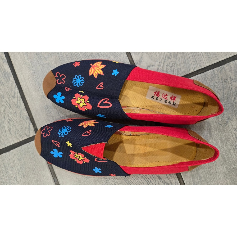 Traditional Chinese Floral Canvas Slip On Shoes Red Navy Flats Size 39